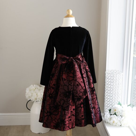 Black Velvet & Burgundy Flocked Taffeta Dress Special Occasion Size 7 - Picture 2 of 6